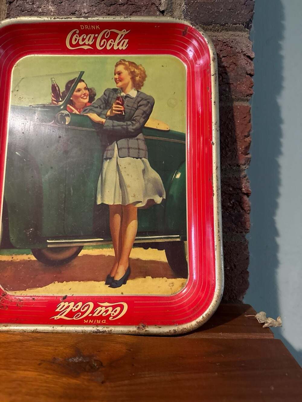 Vintage 1942 Original Coca-Cola Metal Serving Tray Two Girls and Roadster - Picture 5 of 7